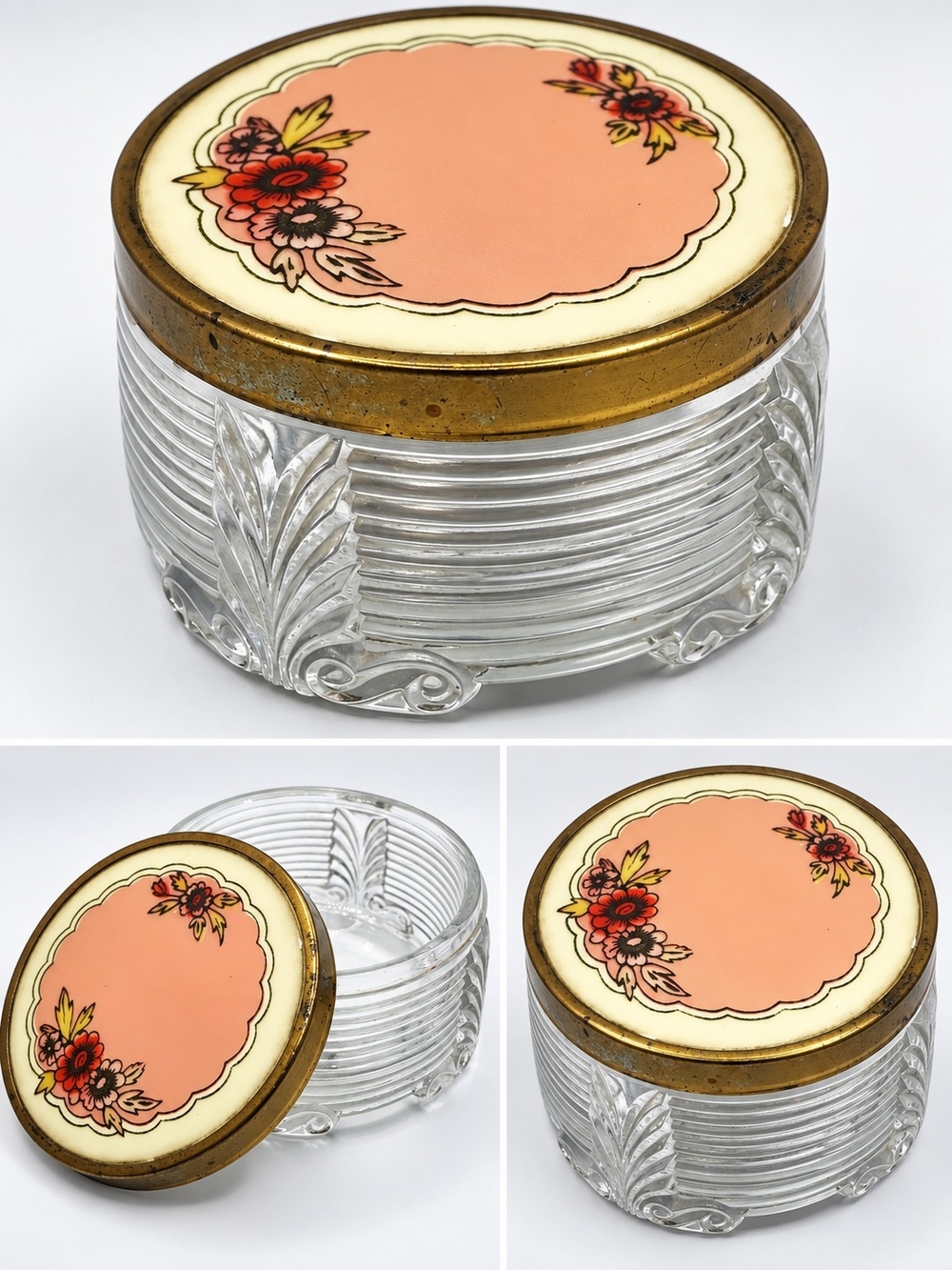 Glass Vanity Jar with Pink Floral Lid -